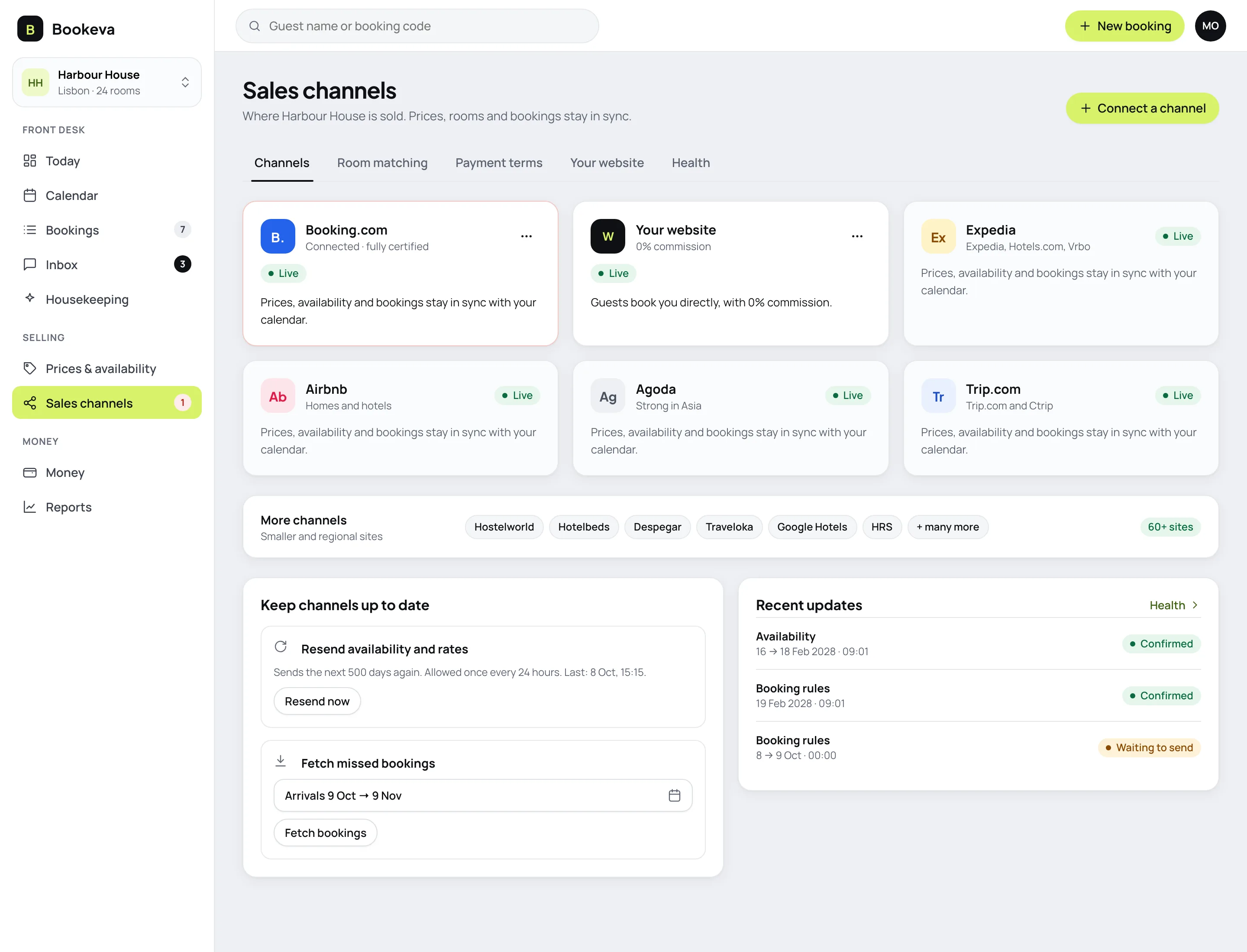 The Bookeva Channels screen where booking sites are connected