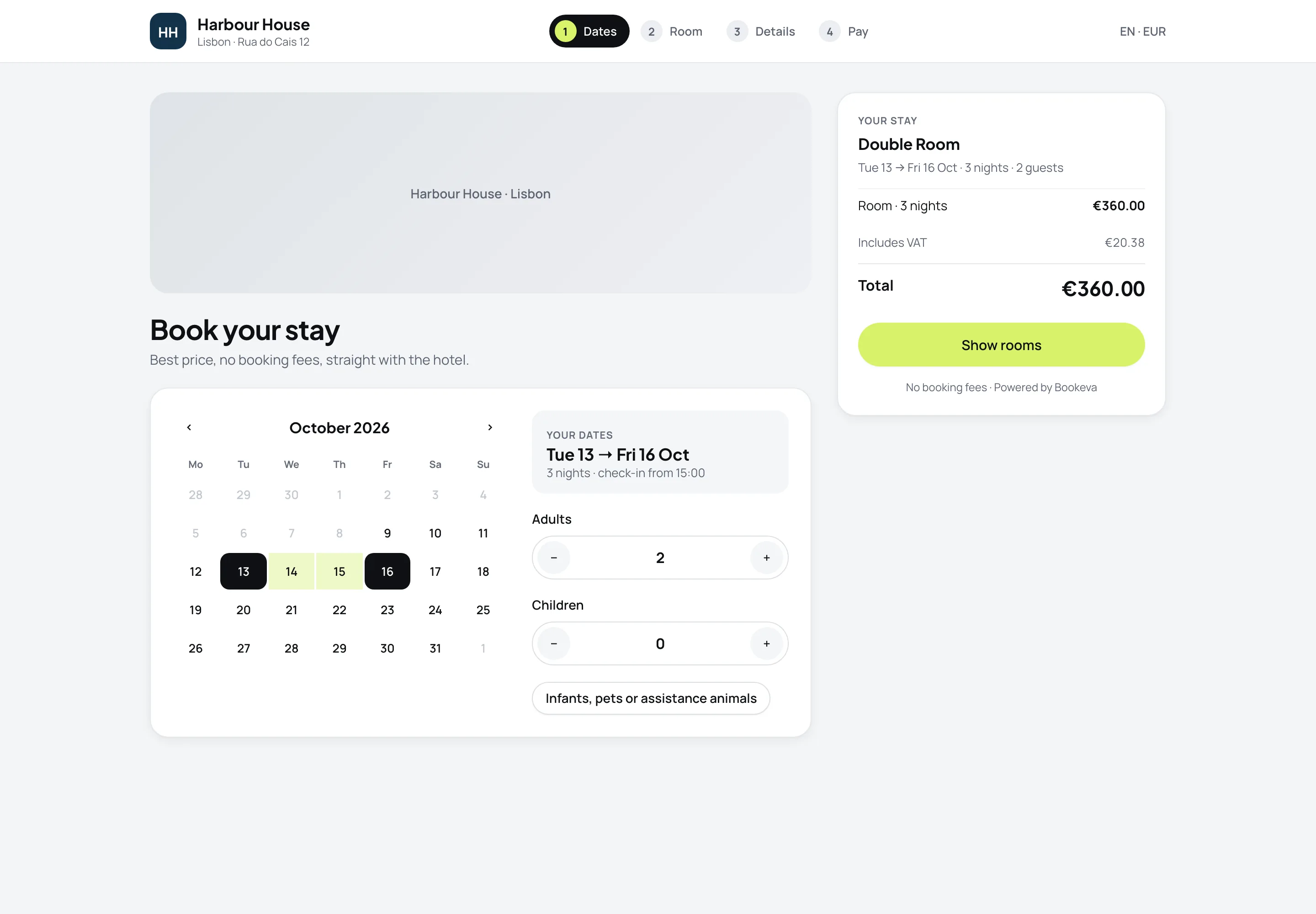 A hotel booking page with a date picker, guests and a price summary showing VAT and no booking fees