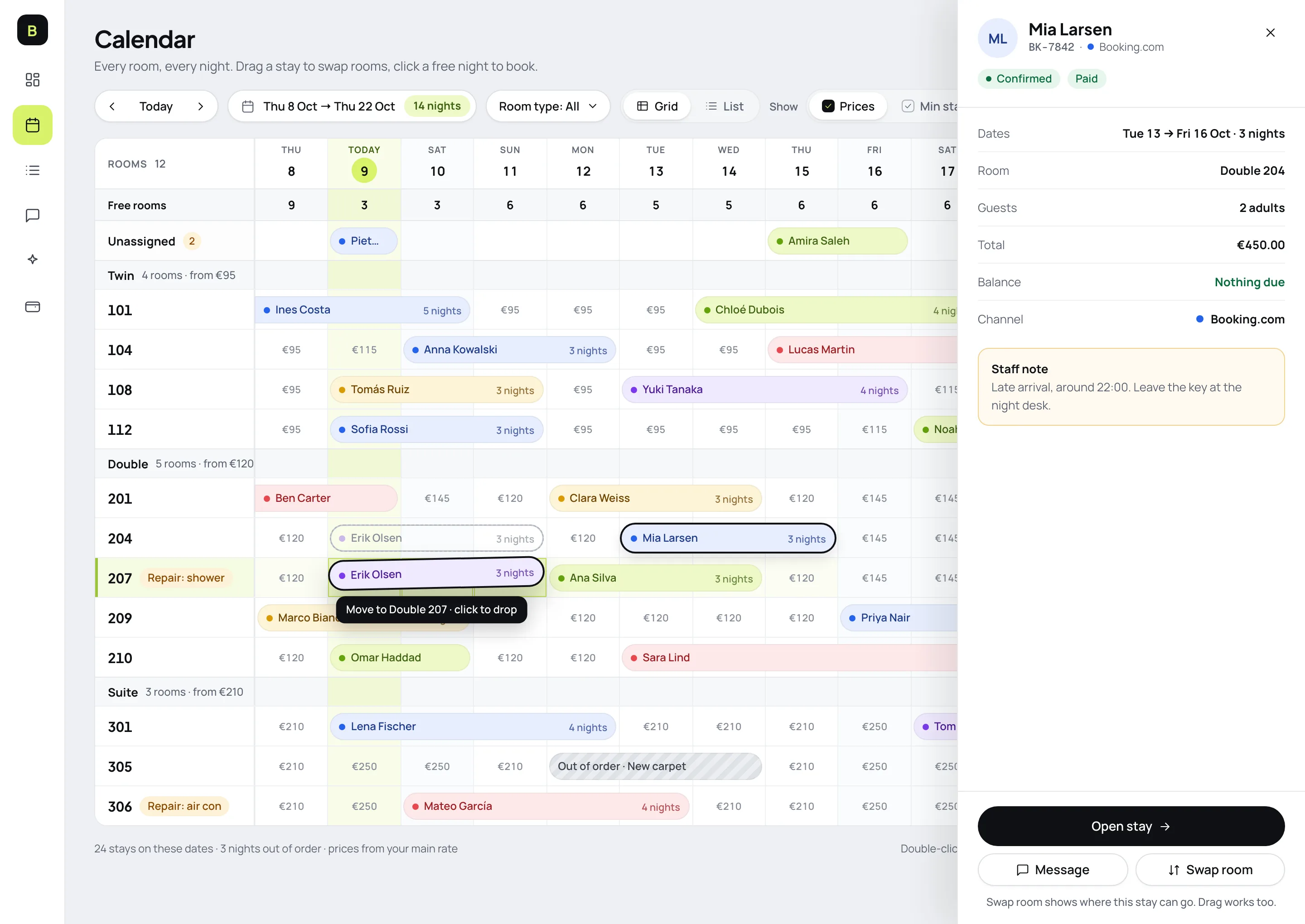 The Bookeva calendar showing many rooms and stays at once