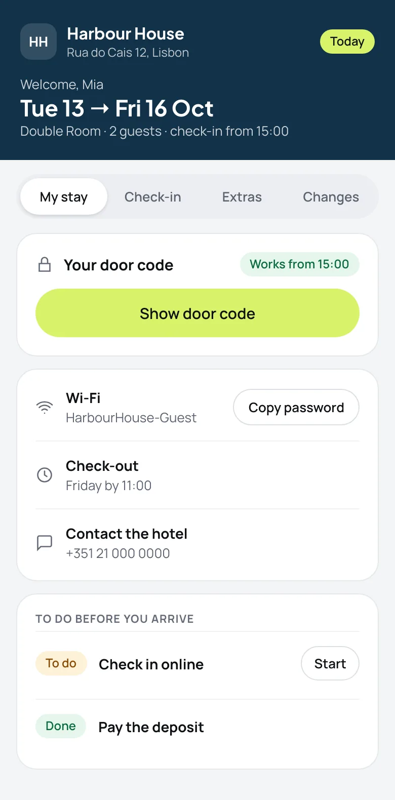 A guest's stay page on a phone, showing a Show door code button, Wi-Fi, check-out time and a to-do list with online check-in