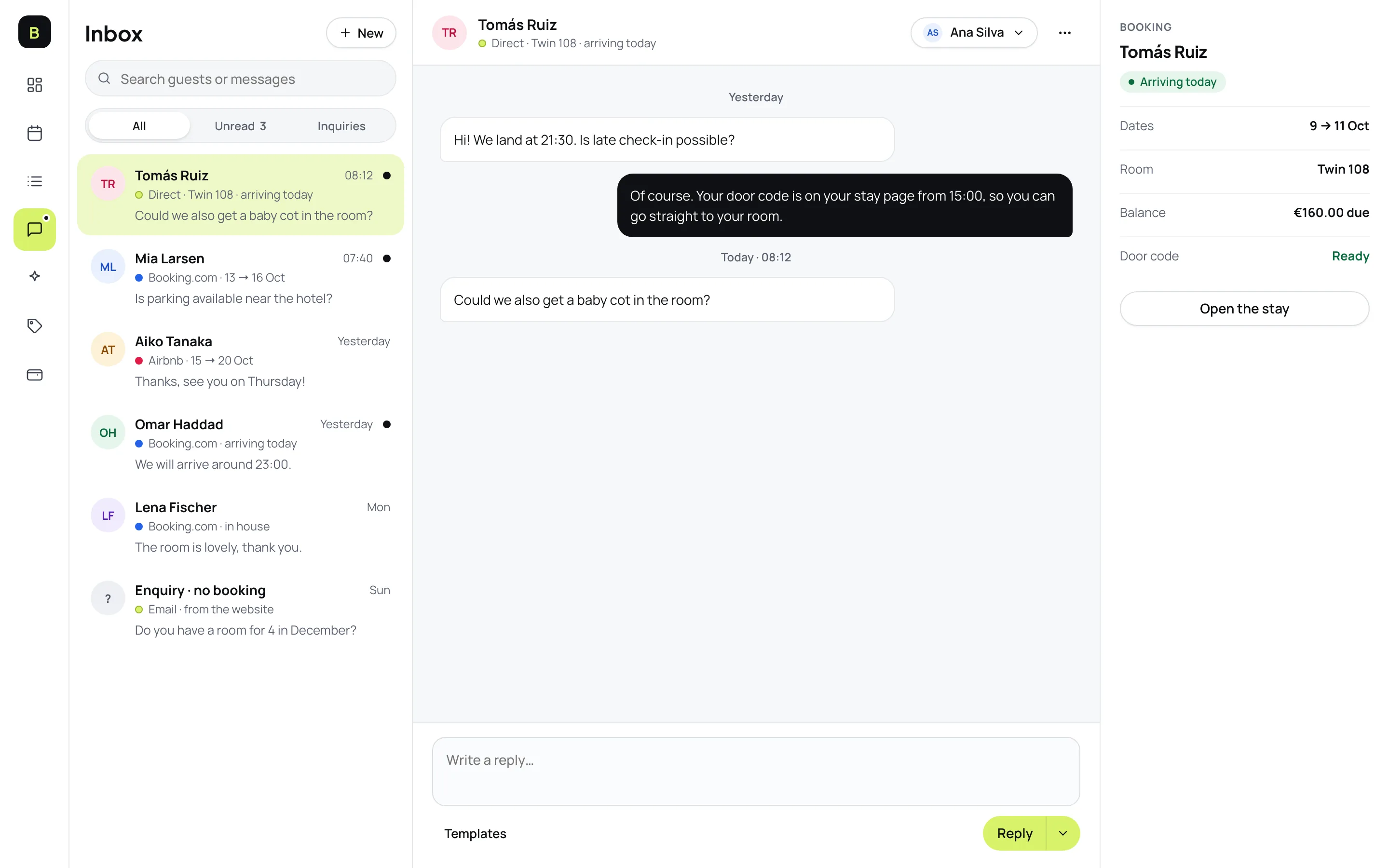 The Bookeva inbox with a list of guest conversations, one open chat and the booking details beside it