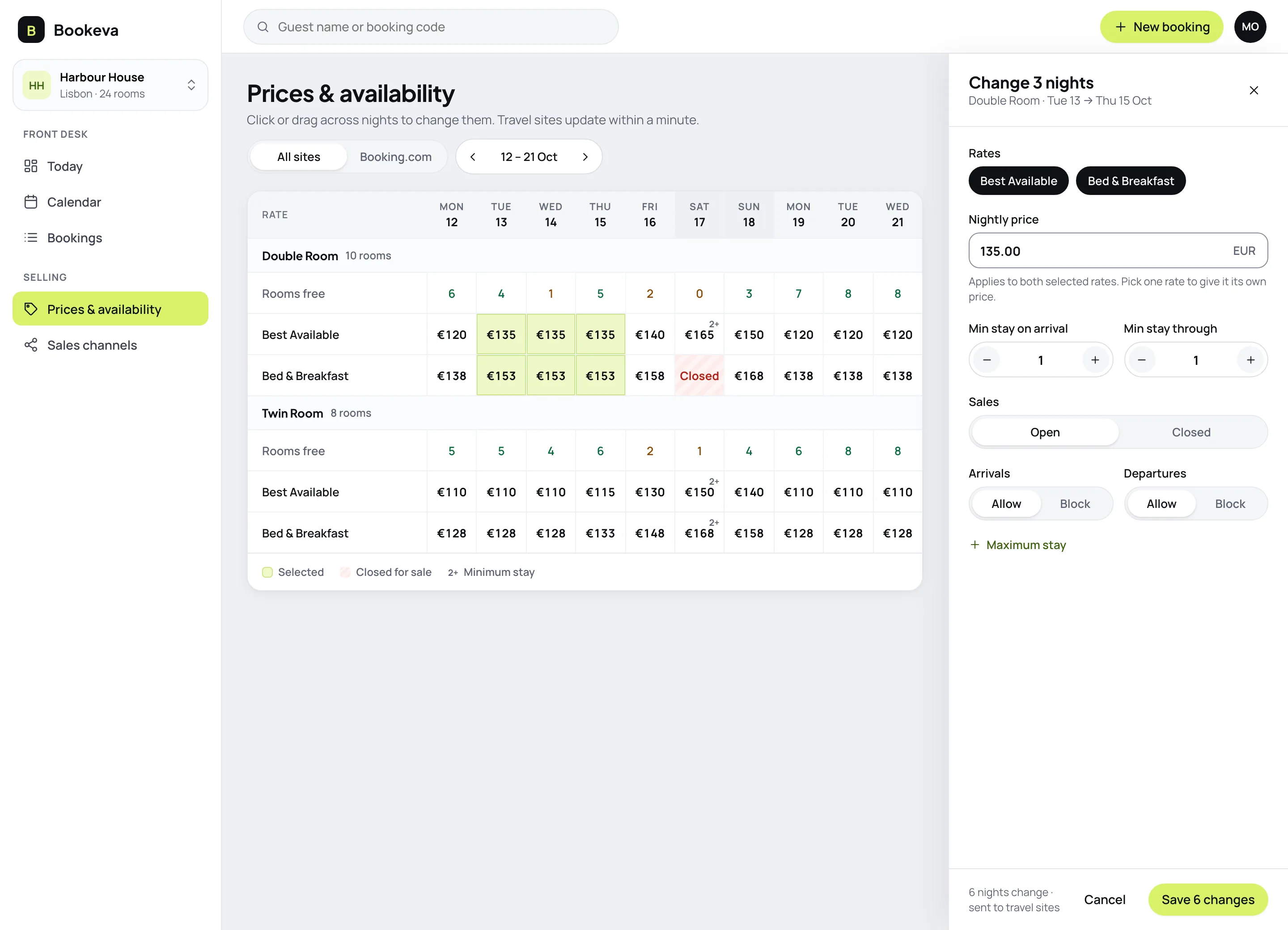 The Prices and availability grid with nights selected and a side panel to change the nightly price, minimum stay and sales for those nights