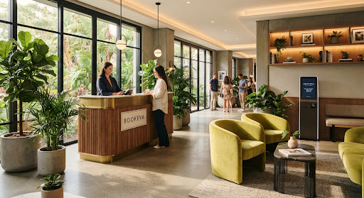 Boutique hotel reception lounge with lime velvet armchairs and indoor plants in morning light.