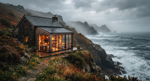 Coastal cottage above misty cliffs and ocean waves.