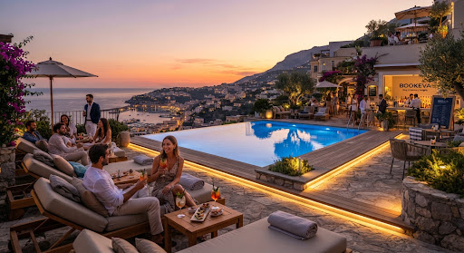 Rooftop hotel terrace and pool overlooking a coastal city at sunset.
