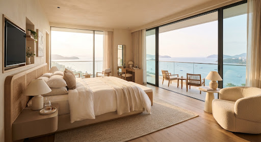 Boutique ocean view luxury hotel bedroom with floor to ceiling windows, king bed, linen sheets, and warm minimalist design aesthetic with soft morning sunlight