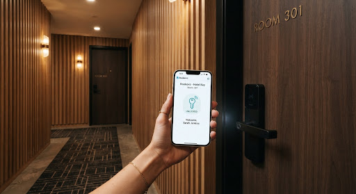 Smartphone showing a digital room key next to a hotel door lock.